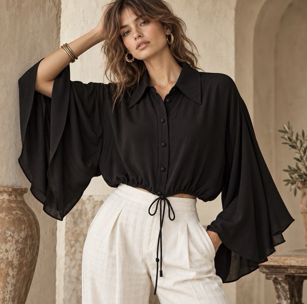 Alice + Olivia Black Cropped Blouse M Dramatic Dolman Bell Sleeve Drawstring Hem